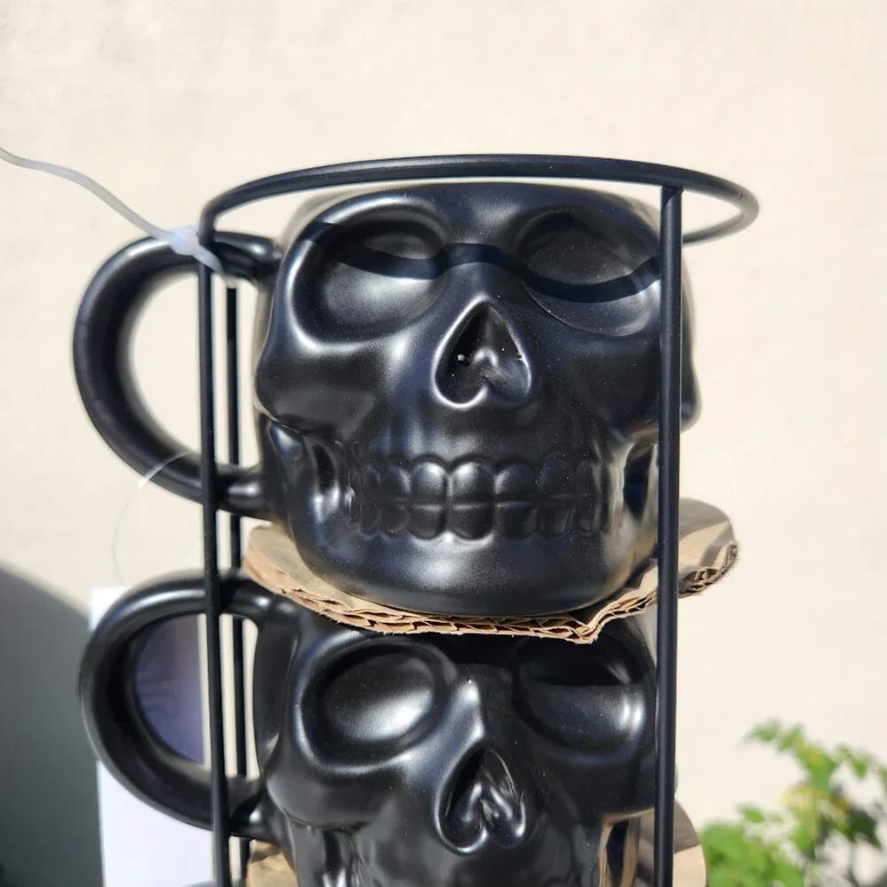 NEW Skull Mug Set of 4 Stackable Mugs Dia De Los Muertos Skulls Halloween Stonew